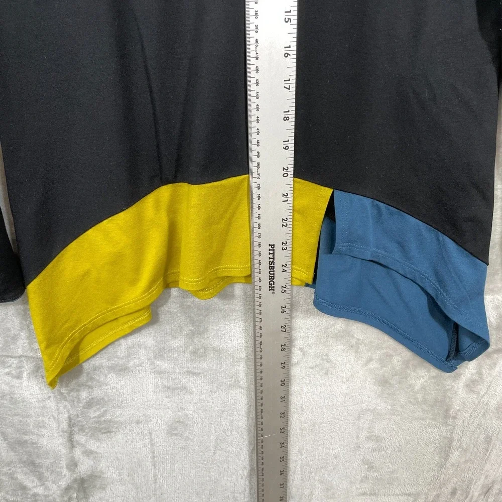 Lisa Bayne Color Block Tunic Top Size S Stretch Black Blue Mustard long‎ sleeve